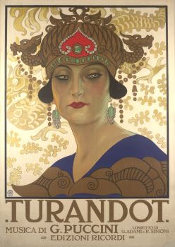 Turandot di Giacomo Puccini, Teatro alla Scala, 1926, manifesto di Leopoldo Metlicovitz. Ritratto a disegno di donna vestita all'orientale con copricapo ornato da teste di drago.