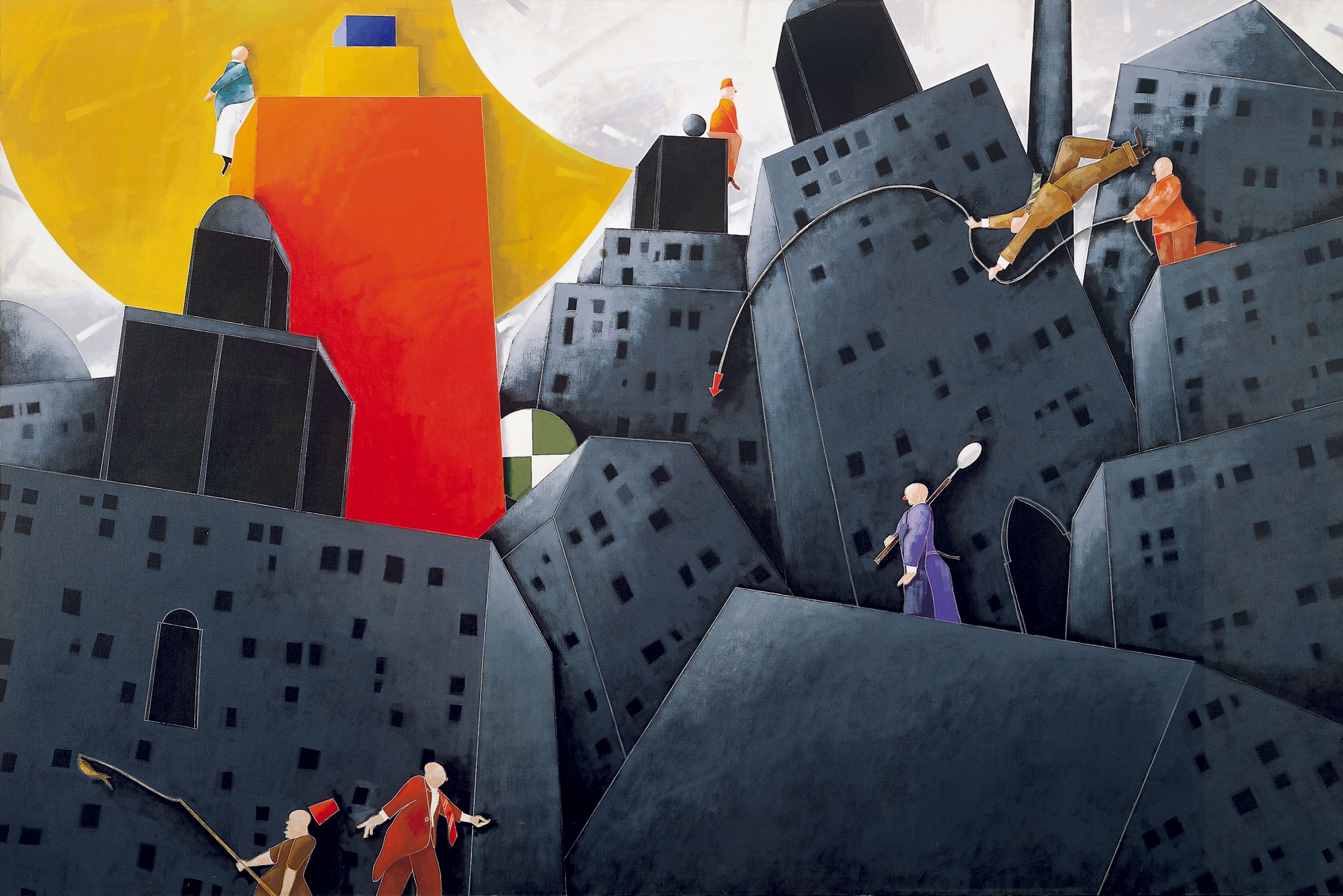 Emilio Tadini, titolo:Città italiana, 1988. Descrizione onirica di una città, con personaggi stilizzati