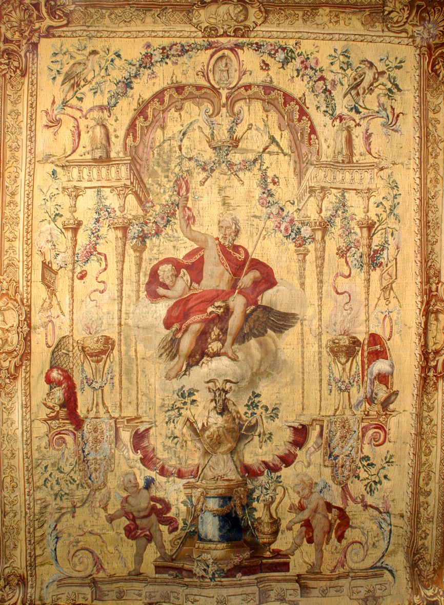 Prezioso Arazzo Gobelins del XVII secolo raffigurante Giove ed appartenente alla serie “Portières des amours des dieux”, su cartone di Claude Audran III